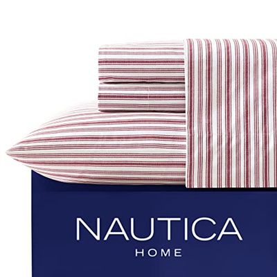 Nautica Conjunto de lençóis em percal de algodão, completo, Coleridge Red Stripe, Twin XL