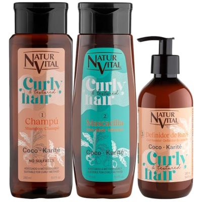 NaturVital Pack Curly & Textured Hair: Definidor de Rizos Booster 280ml + Champú Curly 280ml+ Mascarilla Rizos 280ml para cabello Rizado y Ondulado con Coco y Karité Sin Silicona ni Parabenos