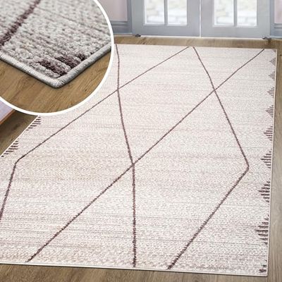 oKu-Tex Tapis Salon | Harmonia | Tapis de Salon | Motif Moderne Losanges | Design Boho | Effet Haute Profonde | Beige | 80x150cm