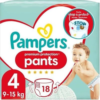 Pampers Lot de 18 couches pour bébé - Taille 4 (9-15 kg) - Protection Premium - Maxi - Avec pochette de protection et d'arrêt