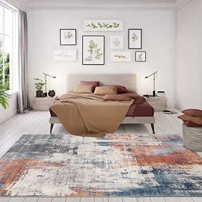 Tappeto di design contemporaneo Vintage Print Blue, Tappeto per interni per il soggiorno - camera da letto, Patchwork astratto, Tessuto a macchina 100% poliestere, 160x230 cm, Blu - Rosso