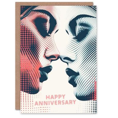Artery8 Anniversary Card Lesbian Gay Couple Kiss Pink Blue Women Faces For Her Wife Woman Partner Girlfriend Greeting Card