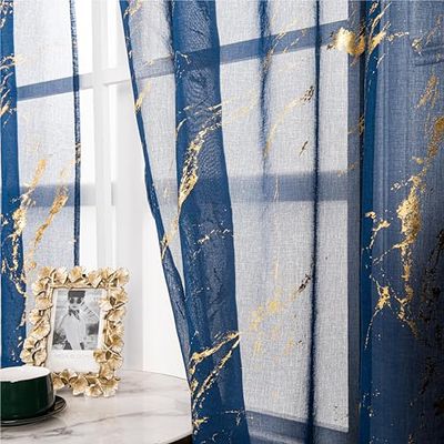 Lavyhuno Transparante gordijnen 160 cm lengte 2 panelen set, roedezak voile gordijnen voor keuken kinderkamer metallic goudfolie print raambekleding privacy paar, 132 cm B x 160 cm L, marineblauw