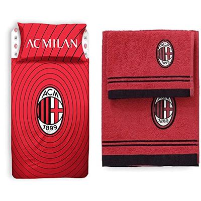 hermet A.C. Milan, Completo Lenzuolo 1 Piazza, 100% Cotone, Rosso Nero & 8907 020 2110 Set Asciugamano e Ospite in Spugna, 100% Cotone, Rosso/Nero, 100X60X1 Cm, 2 unità