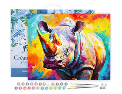 Figured'Art Peinture par Numéro Adulte avec Cadre Rhinocéros Coloré Abstrait - Activité Manuelle Kit de Loisir Créatif DIY Numéro d'Art Complet Animaux - 40x50cm toile tendue sur châssis