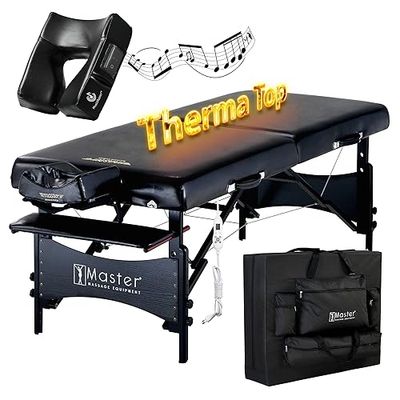 Master Massage Mobiele massagestoel, cosmetica-ligstoel, verwarmbaar, inklapbaar hout met muziekkussen, leer, zwart, 76 cm