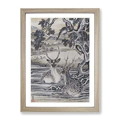 Deer Below The Monkeys By Kawanabe Kyosai Asian Japanese Framed Wall Art Print, Ready to Hang Picture for Living Room Bedroom Home Office Décor, Oak A4 (34 x 25 cm)