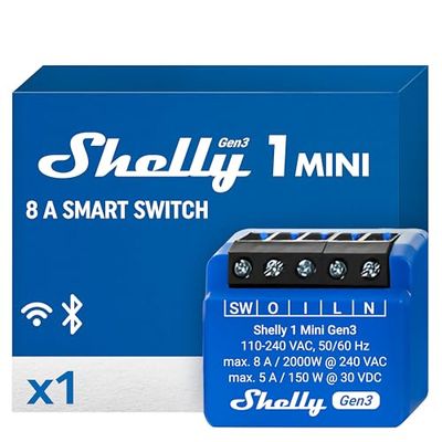 Shelly 1 Mini Gen 3 | WiFi & Bluetooth Smart Switch Relé 1 Canal 8A | Automatización del hogar | Compatible con Alexa y Google Home | iOS Android app | No requiere hub | Contactos secos