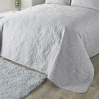 Serene - Silver Leaf Embossed Bedspread (230cm X 200cm) - Soft Touch - Microfibre - Leaf/Leaves Embroidery Quilted Bedspreads - Silver Floral Blanket/Bed Cover for Bed - Luana Collection