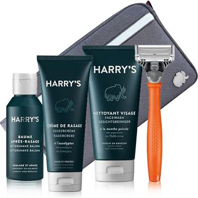 Harry's Set regalo – Rasoio bagnato per uomini con manico arancione e lama a 5 lame, crema da barba 100 ml, balsamo dopobarba 50 ml, detergente viso 150 ml e beauty case