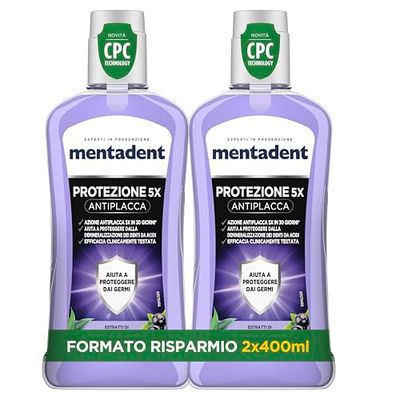 Mentadent Collutorio CPC, Azione Antiplacca, con CPC e Fluoro, Contro la Demineralizzazione dei Denti, Igiene Profonda, con Estratti di Eucalipto e Ribes Nero 100% Naturale, Formato 2 x 400 ml