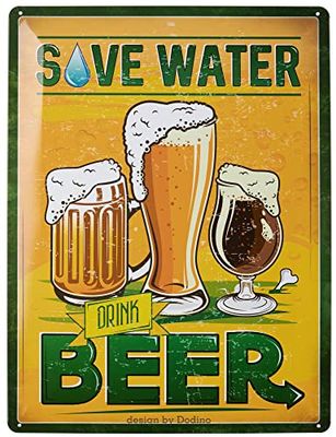 Dodino 30 x 40 cm metalen borden Save WATER DRINK BER, decoratief woonaccessoire, bord bier, decoratief metalen bord bord voor alle bar bar of pub eigenaren