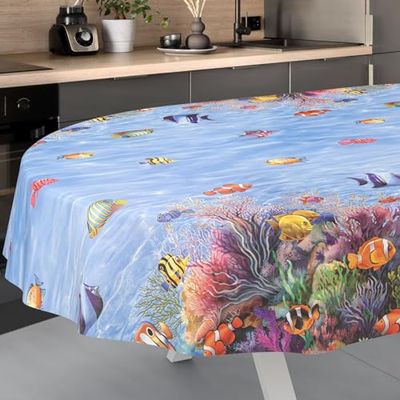 Mantel de Hule Lavable, para jardín, Exterior e Interior, Ovalado, 240 x 140 cm, Borde Cortado para Acuario