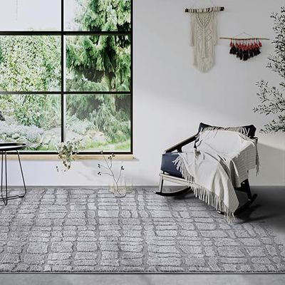 Elle Decor ation Tapis Artistique à Poils Longs, Moderne, à Poils Longs, Motif Moderne, Moelleux, Doux, bohème, pour Salon, Chambre à Coucher, Gris Clair, 120 x 170 cm