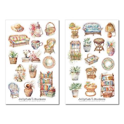 Set di adesivi per mobili - adesivi, adesivi per diario, adesivi per planner, adesivi casa, soggiorno, casa, divano, fiori, libri, accogliente, piante