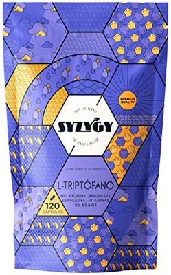 SYZYGY FOOD - Triptofano con Melatonina y Magnesio, Vitamina B6, B5, B3 y Espirulina - 1,78mg de Melatonina - 120 Cápsulas - 600mg de Triptófano con Magnesio para Dormir Bien - Fabricado España