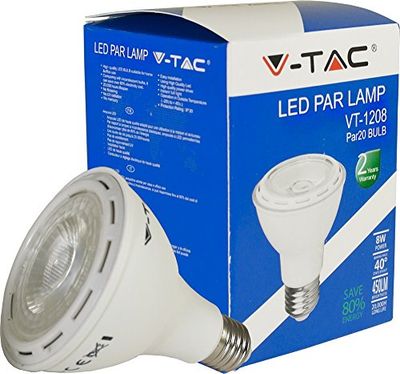 V-TAC Bianco Lampadina LED con Attacco Edison E27-Lampadina PAR20 da 8W (Equivalenti a 40W) -Fascio luminoso da 40° -Luce Naturale E27, 8 W, 8Watt-Taglicht-Reflektor