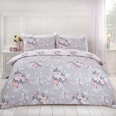 Dreamscene English Rose DDHSEROGR02 - Juego de Funda de edredón con Funda de Almohada Reversible, diseño Floral, Color Gris Rubor Blanco, 3 Piezas, Doble