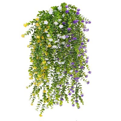 OUBTDK - 3 Plantas Colgantes Artificiales de eucalipto para Pared, baño, Dormitorio, jardín, hogar, Boda, Fiesta, Cesta Colgante para decoración de Pared (Amarillo, Morado, Blanco)
