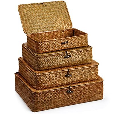 Didaey Lot de 4 paniers de rangement en jonc de mer avec couvercle - Paniers de rangement décoratifs tissés pour étagère, placard, chambre à coucher, 4 tailles (marron)