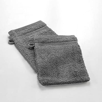 Douceur d'Intérieur, 2 Gants de Toilette (15 x 21 cm) Tendresse Anthracite, Eponge Unie