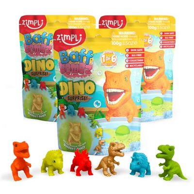 3 x Bombas de Baño Sorpresa de Dinosaurio de Zimpli Kids, 6 Juguetes Sorpresa de Dinosaurio para coleccionar, Juguete de Baño de Burbujas para Navidad, Relleno de Calcetines