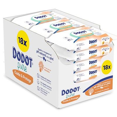 Dodot Lot de 18 paquets de 44 lingettes pures pour bébé = 792 lingettes, aide à restaurer le pH naturel de la peau, une goutte de calendula