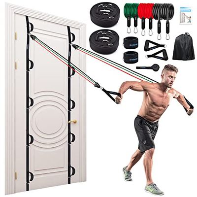 Brebebe Cinghia di ancoraggio per porta per esercizi di resistenza, multi punto di fissaggio per palestra, fitness a casa, attrezzatura portatile per allenamento (1 ancora+set di resistenza), nero