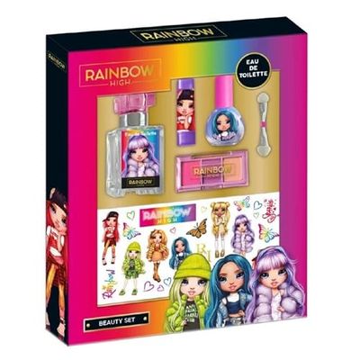 Rainbow High Beauty Set Includes Eau de Toilette Natural Spray (20ml), Lipstick, Nail Polish, Eyeshadow, Blush, Temporary Tattoos and Brush for Girls