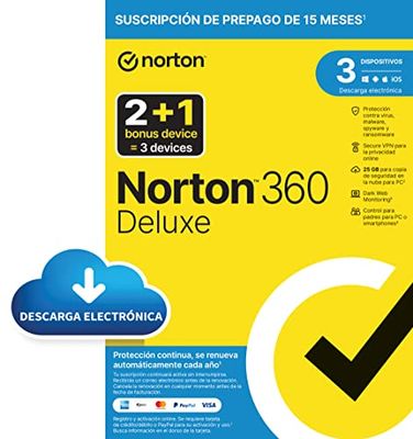 Norton 360 Deluxe 2024 - Antivirus software para 3 Dispositivos y 15 meses de suscripción con renovación automática, Secure VPN y Gestor de contraseñas|PC/Mac/Ios/Android|Enviado por email