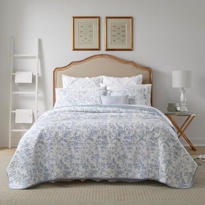Laura Ashley Amberley Soft Chic Conjunto de edredão-100, respirável e leve, roupa de cama reversível, pré-lavagem para maior suavidade, algodão, SPA azul, casamento