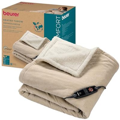 Beurer HD 80 Corduroy beige elektrische deken, behaaglijke warmtedeken met 6 temperatuurniveaus, gerecyclede materialen, met automatische uitschakeling en veiligheidssysteem, knuffeldeken van trendy,