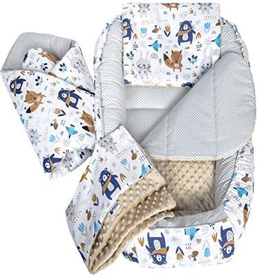 Medi Partners Reducteur de Lit Bebe - Réducteur Bébé 100x60x15cm 5 éléments Cocon et Naissance Nid d'ange bilatéral Cale 100% Coton Minky (Boho avec Beige Minky)
