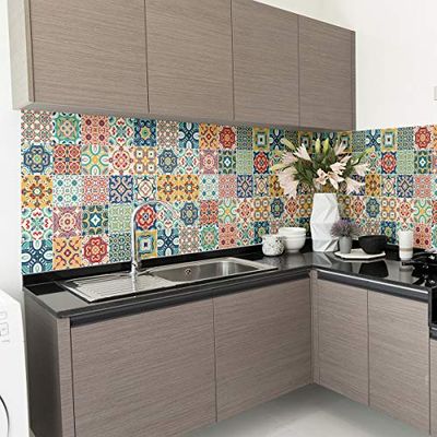 Ambiance Stickers adhésifs carrelages | Sticker Autocollant Carreaux de Ciment - Mosaïque carrelage Mural Salle de Bain et Cuisine | Carreaux de Ciment adhésif Mural - azulejos 10 x 10 cm - 60 pièces