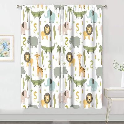 MESHELLY Cortinas de 29 Pulgadas de Ancho x 63 Pulgadas de Alto, con Bolsillo para Barra, para bebé, niño, Bosque, Selva, león, Elefante, Cortinas Estampadas para Sala de Estar, Dormitorio, Cortinas