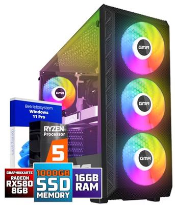 GMR Power Gaming PC – Ryzen 5 per gamer | 3 anni di garanzia | 32 GB RAM | 1000 GB SSD | RX 580 Radeon | USB 3 | Windows 11 Prof | WiFi & Bluetooth