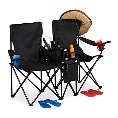 Relaxdays, Negro, Silla Plegable Camping de 2 Personas, Acero-Poliéster, 89 x 146 x 46 cm