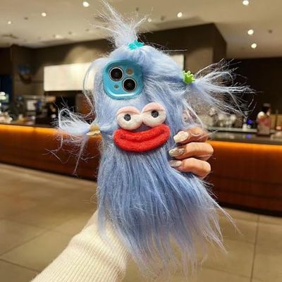 Pretaco Funda para iPhone 14 Pro MAX, Divertidas y tontas Fundas peludas para teléfono [DIY Pelo Largo con Clip para el Pelo], Funda FEA para teléfono, Intercambio de Regalos con Amigos (Azul)
