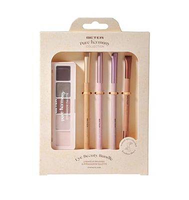 Beter - Set de Brochas de Maquillaje para Ojos y Paleta de Sombras con 4 Tonos + Iluminador, Pure Harmony, 4 Brochas de Ojos y Cejas, Pelo Sintético y Fibras de Bambú, Perfecto para regalo, Navidad
