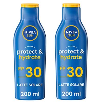 NIVEA SUN Latte Solare Protect & Hydrate FP 30 2 x 200 ml, Crema solare 30 che idrata per 48h, Protezione solare 30 resistente all'acqua con vitamina E antiossidante