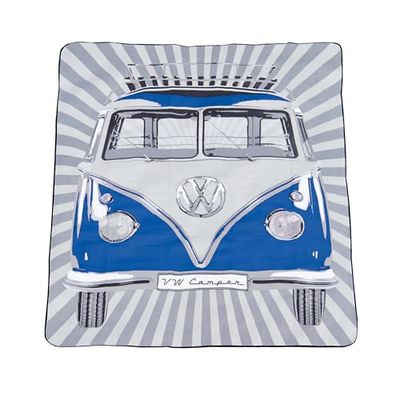 BRISA VW Collection - Volkswagen Coperta da PIC nic con Strato Impermeabile, Dotata di Borsa da Trasporto, Camper T1 Bus VW Design (Strisce Samba/Blu)