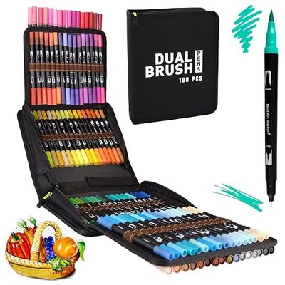 RAYLU PAPER - 100 x Professional Lettering Marker Pens with Brush Tip and Hard Fine Tip for Coloring Drawing, Calligraphy, Mandalas