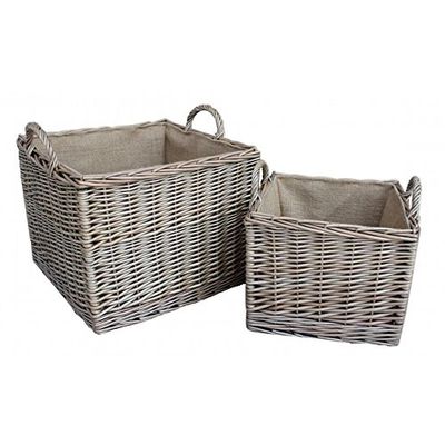 Red Hamper Set of 2 Antique Wash Square Hessian Lined Log Basket, Wicker