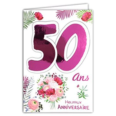 Afie 69-2135 Carte avec Enveloppe Anniversaire 50 ans Femme Rose Fuchsia Brillant Bouquet Fleurs