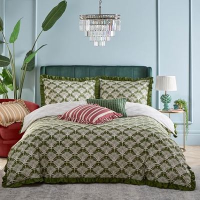 furn. Set copripiumino con volant stampato Deco Palm - matrimoniale - muschio