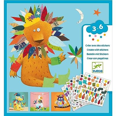 DJECO Kit Création Stickers Animaux - Enfants 3 à 6 Ans - Habillez les Animaux Loisirs Créatifs - Contient 16 Feuilles Animaux & 6 Planches de Stickers (424 Gommettes) - Idéal Voyage & Famille