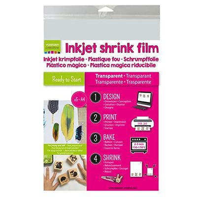 Vaessen Creative Plástico mágico para impressão, transparente, 5 folhas, tamanho 21 x 30 cm, impressão diretamente desenhos personalizados para projetos divertidos de arte e artesanato