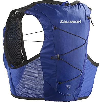 Salomon Active Skin 4 No Flasks Gilet d'hydratation Trail running Randonnée Vélo unisexe, Compatible avec gourdes souples (non incluses), Fit précis, Facilité d’accès, Rangement optimisé, Bleu, XL