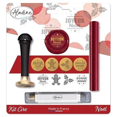 Aladine - Kit di cera per sigillatura di Natale - Scrapbooking e carterie creative - Cera + Manico + Batonnet Inchiostratore di finitura + 4 sigilli tematici in ottone