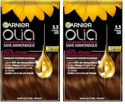 Garnier Coloration Permanente - Sans Ammoniaque - Aux Huiles Naturelles de Fleurs - Châtain clair doré (5.3) - Olia (Lot de 2)